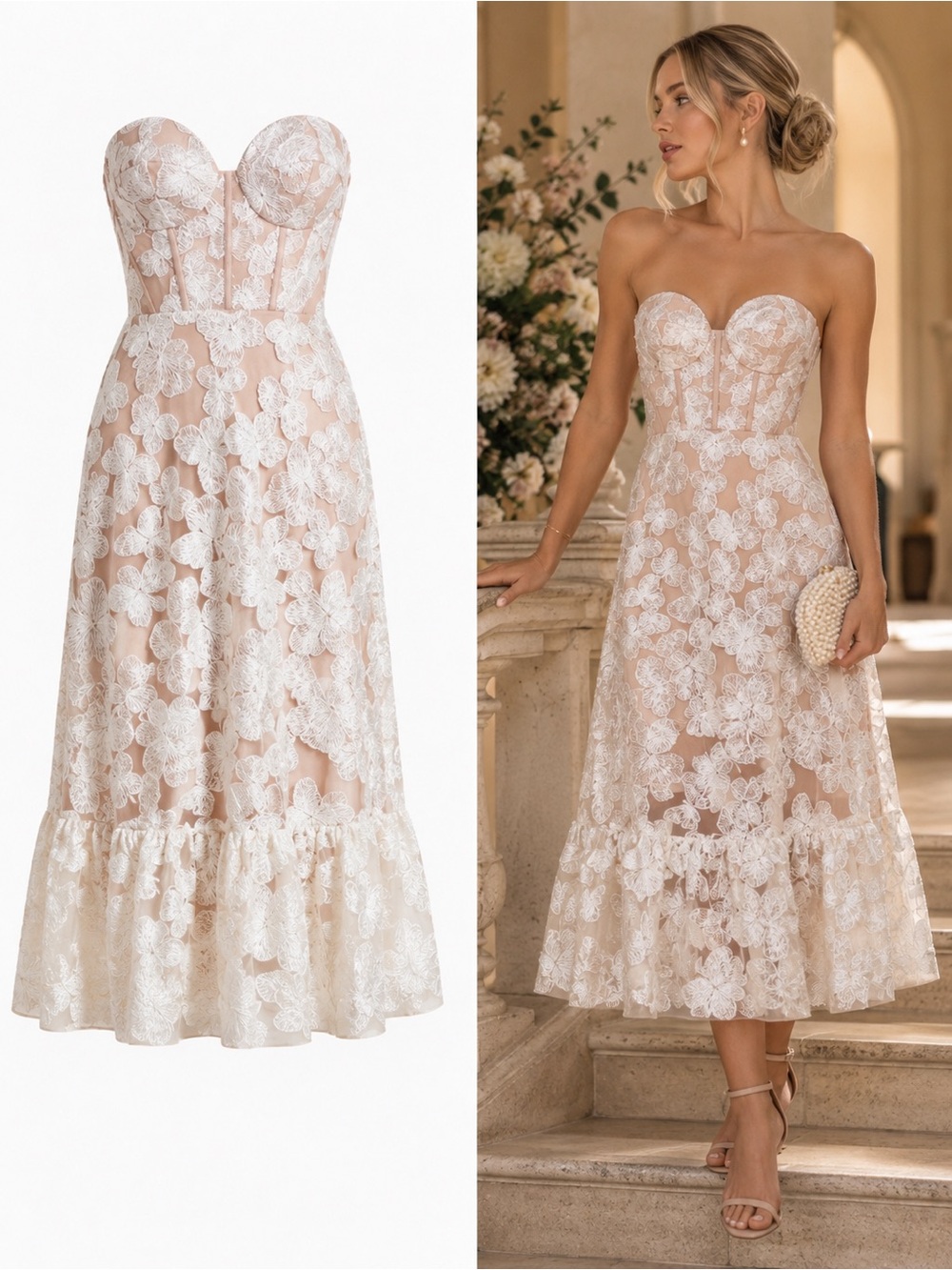 NWT Dress the Population Carina Butterfly Corset Bridal Midi Dress Size XS
